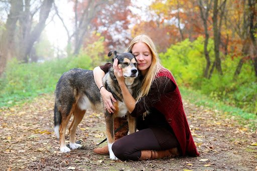 Femme assise avec son chien dans une forêt d'automne, connexion animale